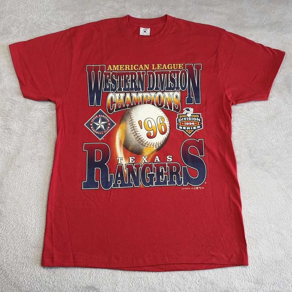 Vintage Texas Rangers Shirt Mens Large Red MLB Baseball Delta 1996 AL Champs